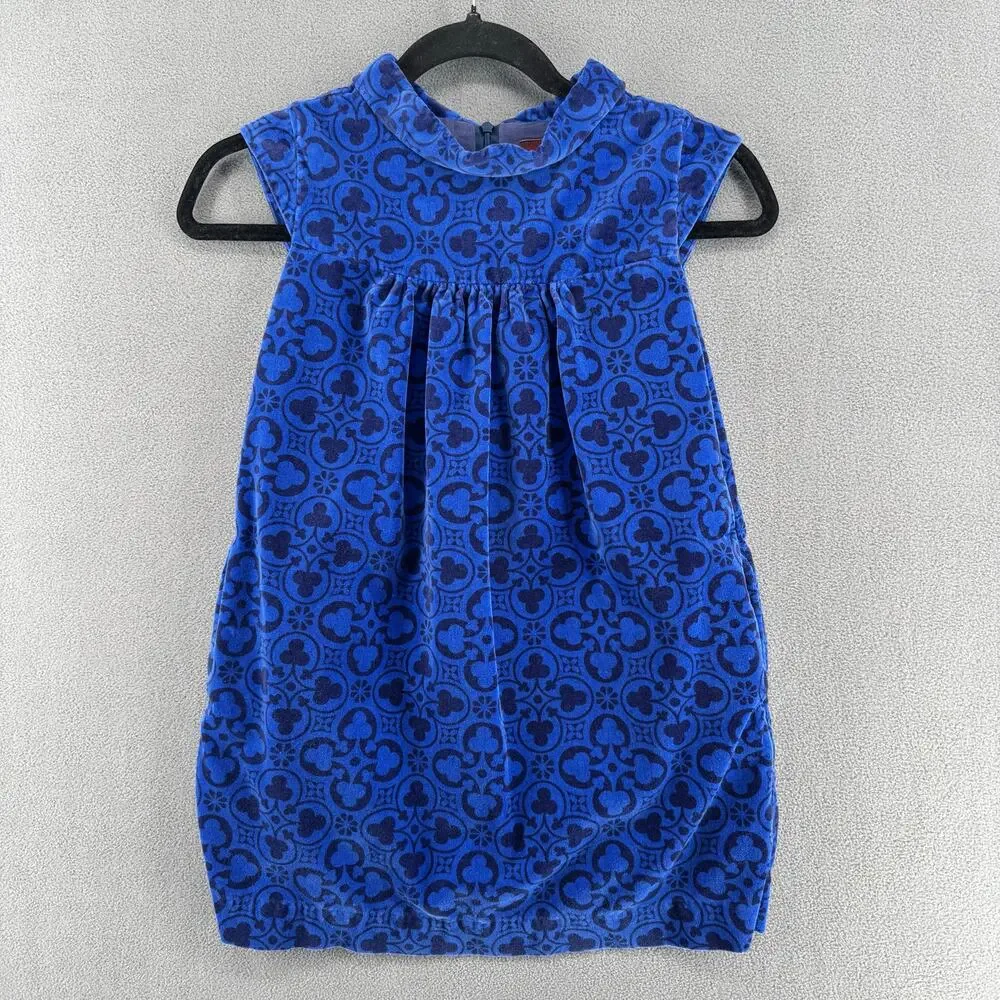 Tea Collection Blue‎ Velvet Patterned Dress Girls 7 Pockets Soft Sleeveless